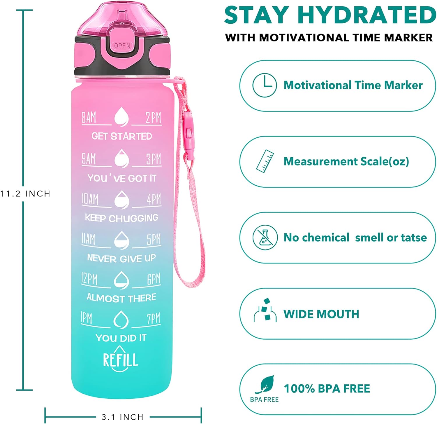 Enerbone 32 oz Drinking Water Bottle with Times to Drink and Straw, Motivational with Carrying Strap, Leakproof BPA & Toxic Free, Ensure You Drink Enough Water for Fitness Gym Outdoor